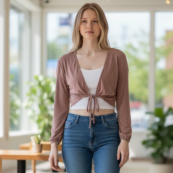 PrettyLittleThing Tops - PrettyLittleThing Taupe Ribbed Tie Front Crop Top Long Sleeve Size S